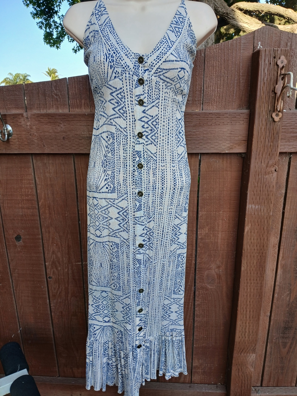 Millibon USA Boho Blue Geometric Print Button-Front Maxi Dress Size M
